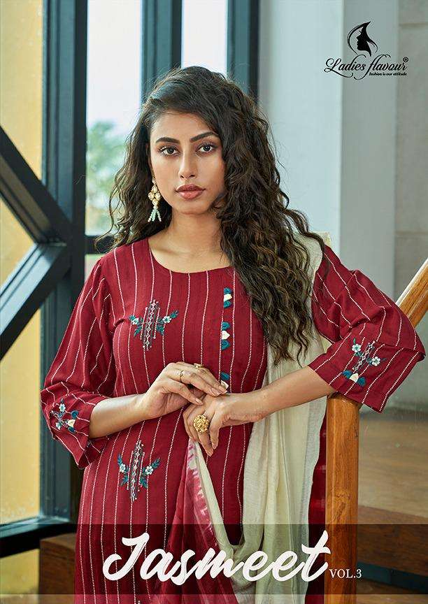 LADIES FLAVOUR PRESENTS JASMEET VOL 3 HEAVY RAYON WITH EMBROIDERY WHOLESALE READYMADE COLLECTION